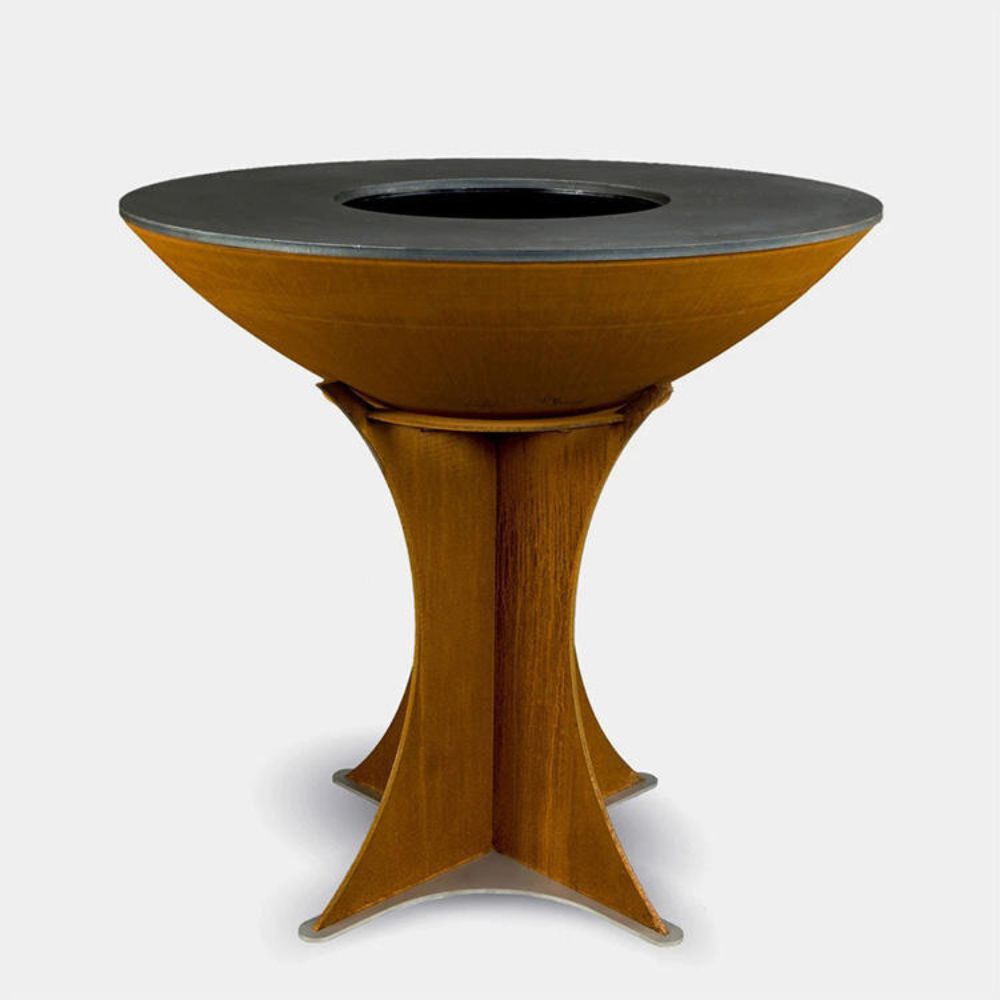 Wooden table with a dark circular top on a light gray background