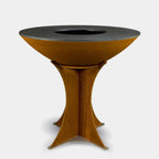 Wooden table with a dark circular top on a light gray background